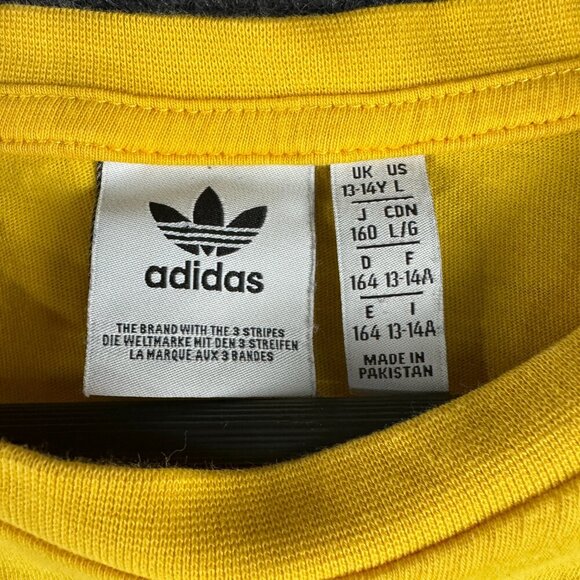 Adidas Tee Shirt Boys Large Yellow Cotton Short Sleeve Logo Crew Neck - Picture 4 of 7